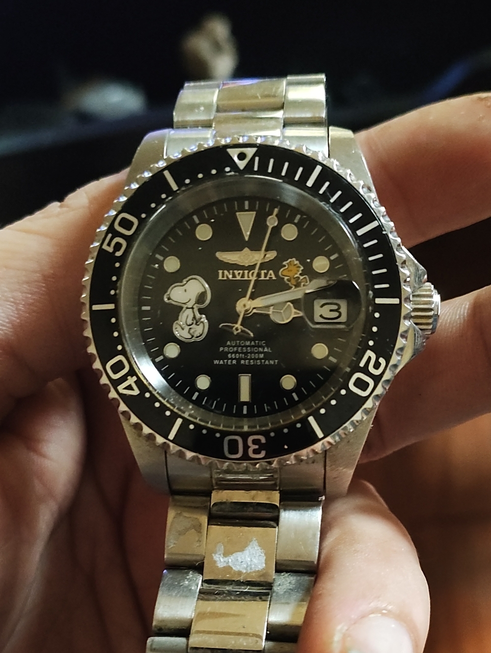 Invicta Men’s Black Dial Stainless Steel Snoopy Accent Watch